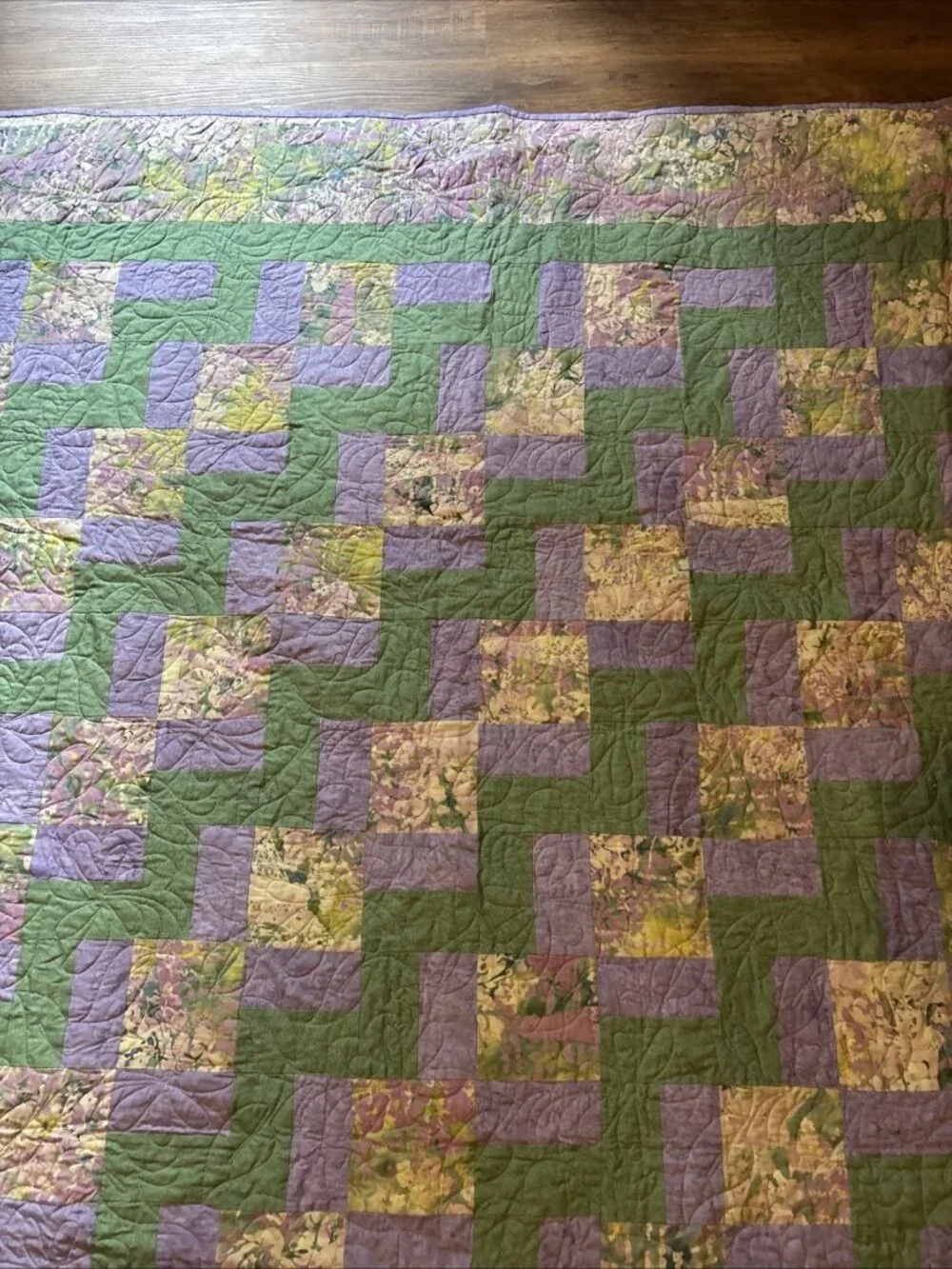 Homemade Modern King Quilt Green & Purple Size 100 X 92 Nine Patch